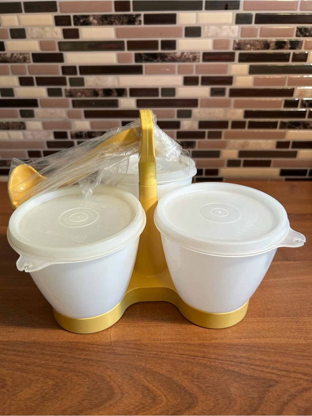 Vintage Harvest Gold Condiment Caddy with Lids & Ladles
